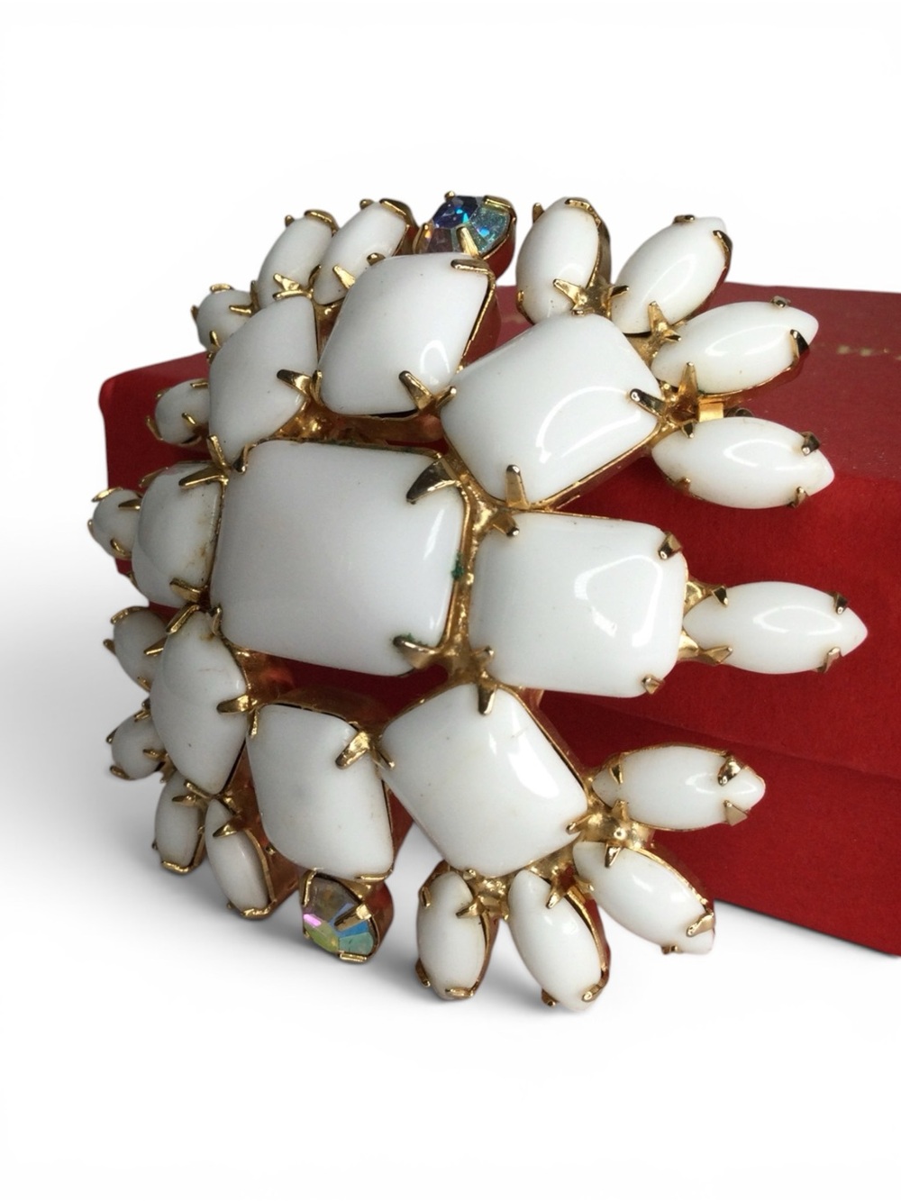 Vintage Gold-Tone Milk Glass Cabochon Floral Brooch with AB Accents - Picture 7 of 14